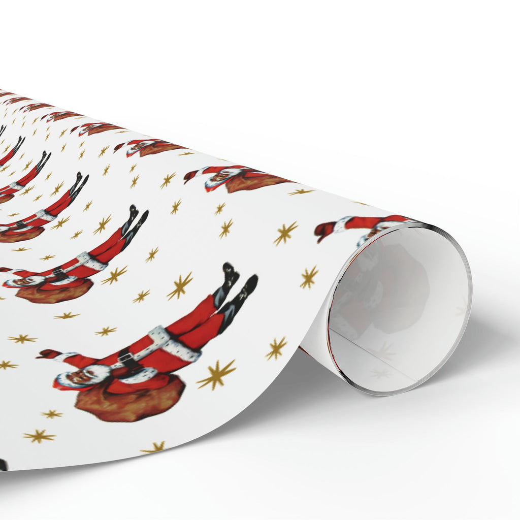 Santa Gold Stars Mid Century Retro Christmas Print Holiday Gift Wrap Paper - Glossy Or Matte
