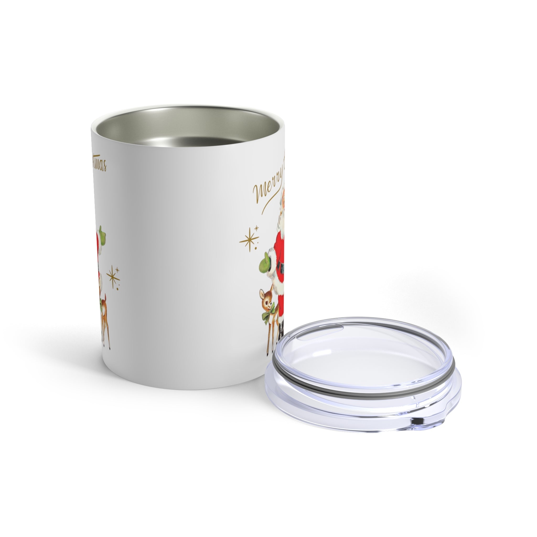 Merry Christmas Santa Reindeer Gold Stars Retro Christmas Print Stainless Steel Tumbler 10oz
