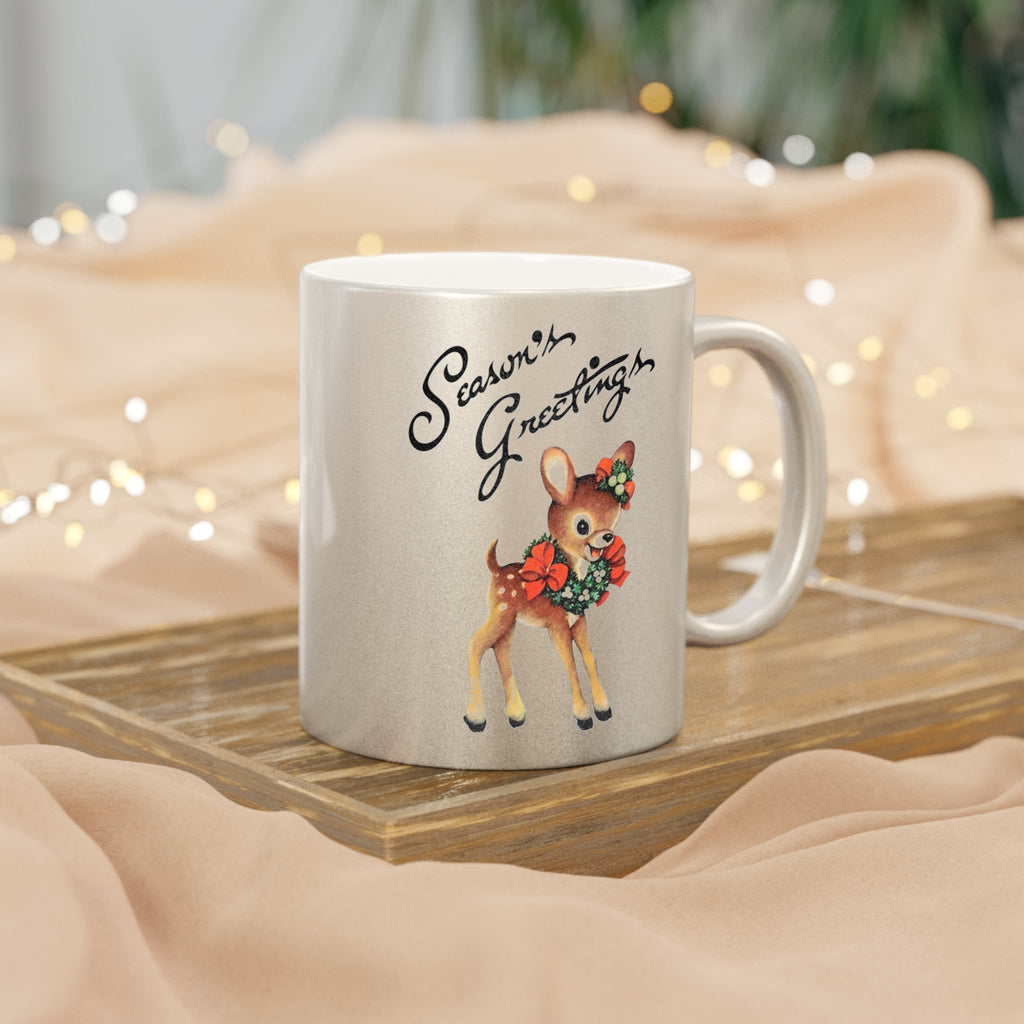 Season's Greetings Cute Reindeer Mid Century Retro Christmas Silver Metallic Mug