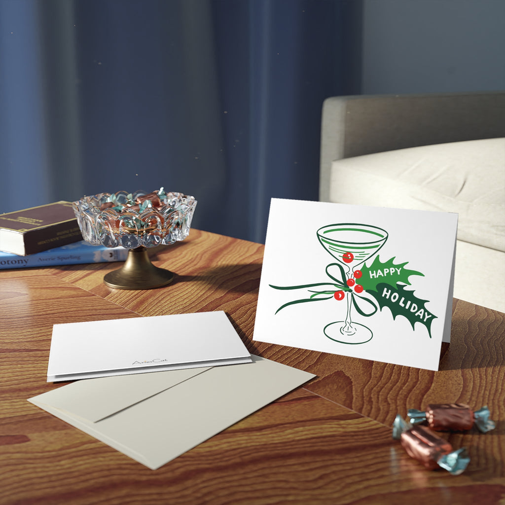 Happy Holiday Champagne Glass Holly Mid Century Retro Christmas Print Matte Greeting Cards (8, 16, and 24 pcs)