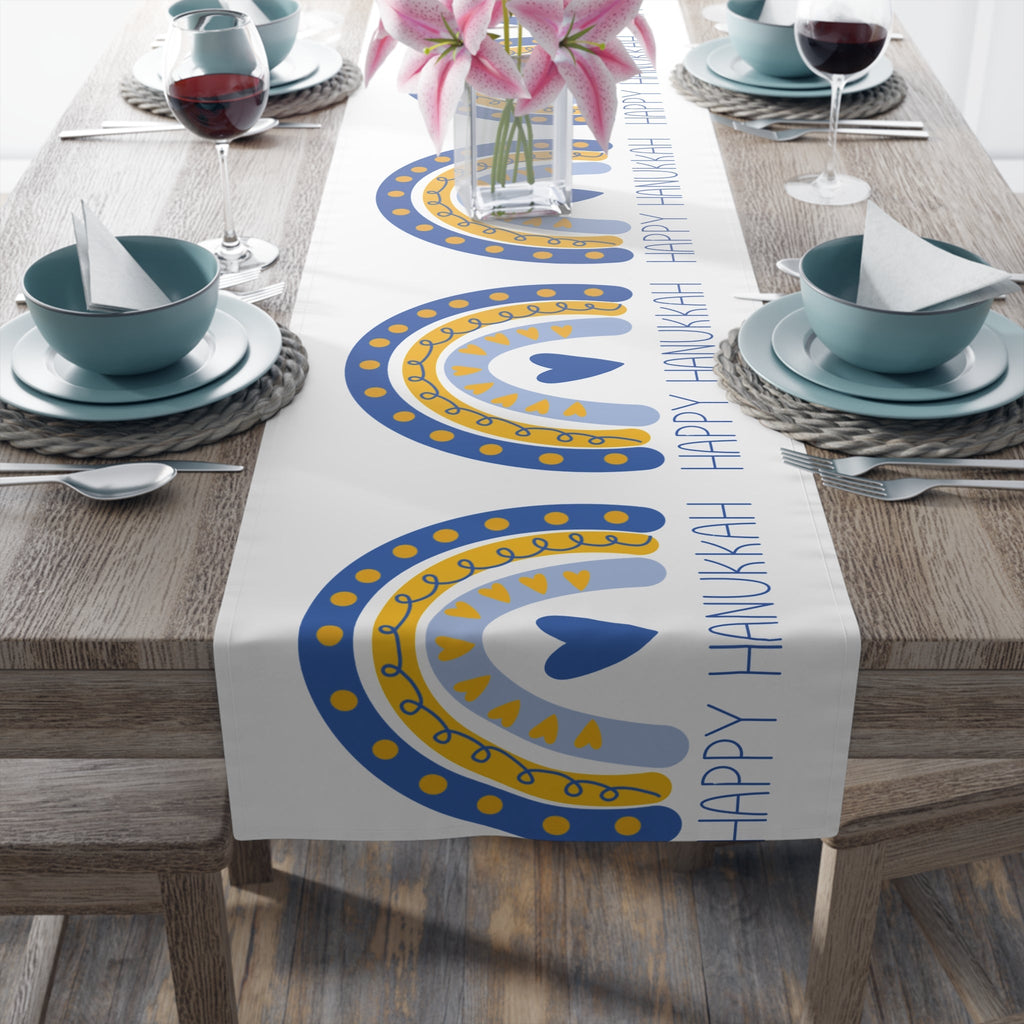 Happy Hanukkah Table Runner Blue Yellow Boho Rainbow Polyester Winter Unique Cozy Cute Holiday Kitchen Dining Decor Linen