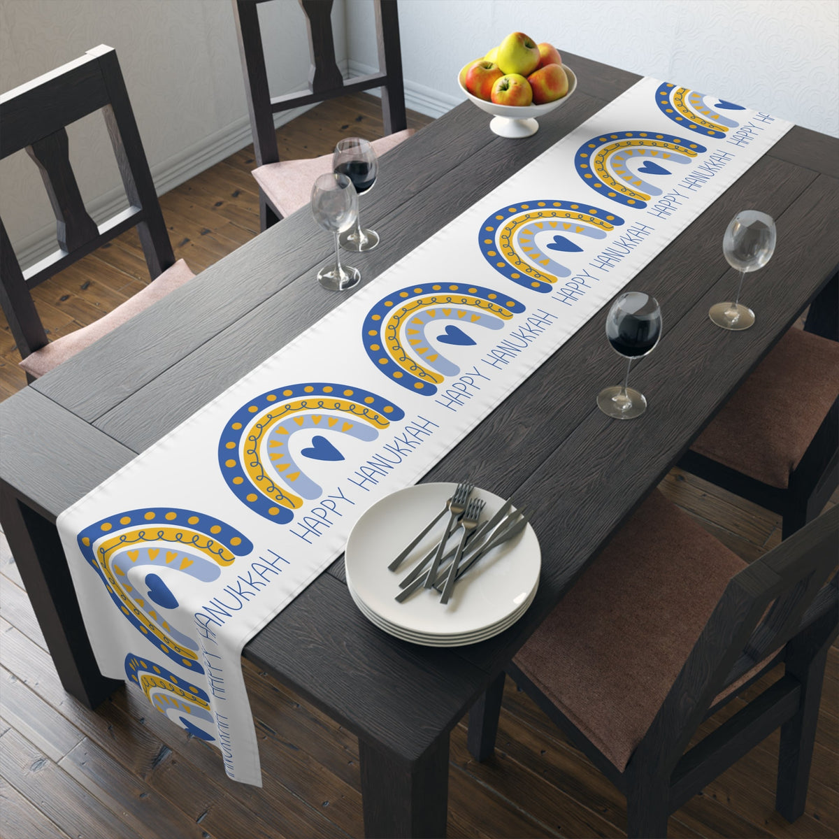 Happy Hanukkah Table Runner Blue Yellow Boho Rainbow Polyester Winter Unique Cozy Cute Holiday Kitchen Dining Decor Linen