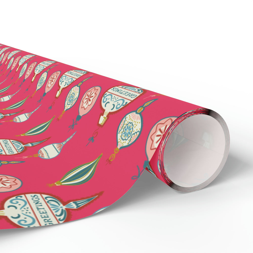 Greetings Christmas Ornaments Pink Retro Style Christmas Holiday Gift Wrap Paper - Glossy Or Matte