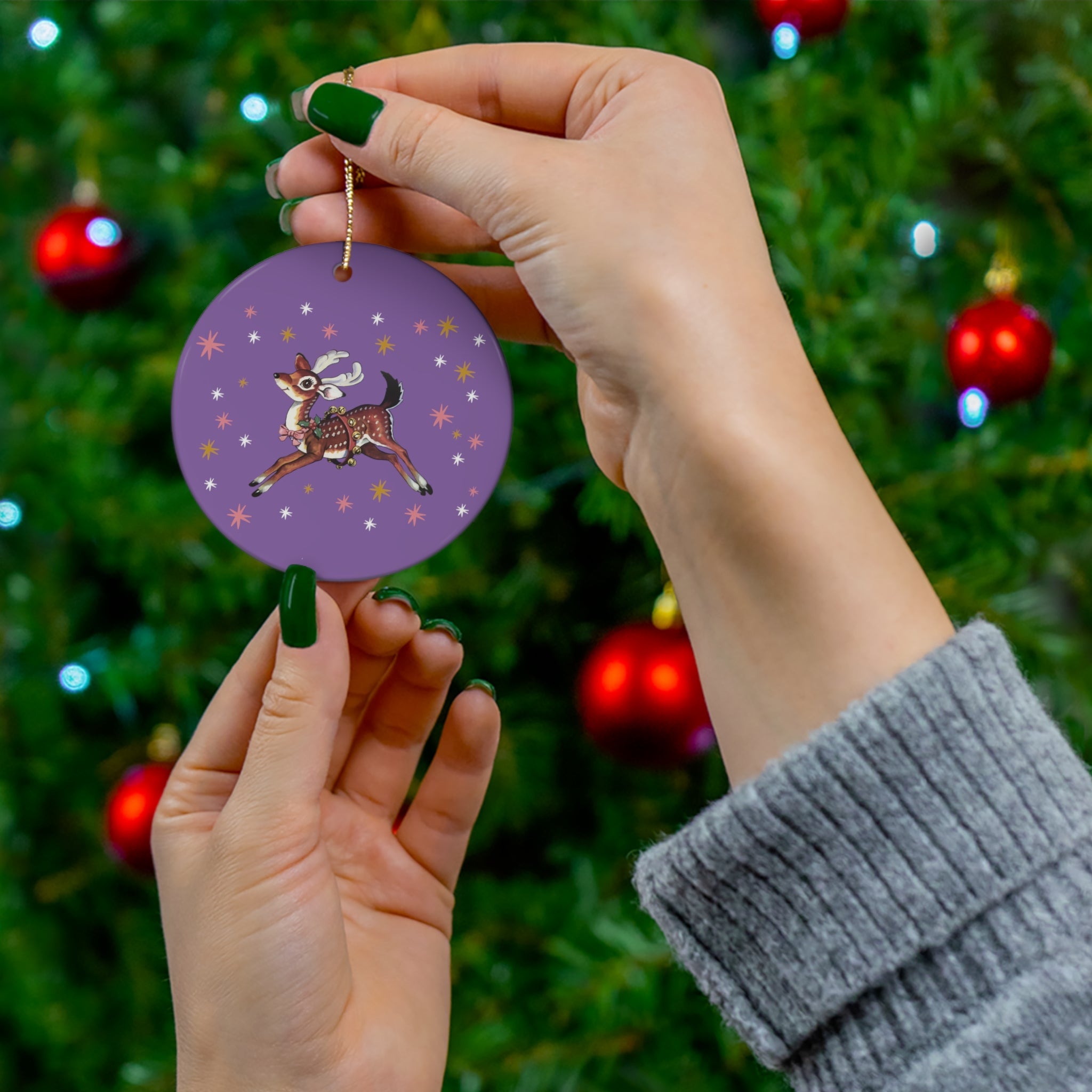 Reindeer Stars Purple Mid Century Retro Christmas Print Ceramic Ornament