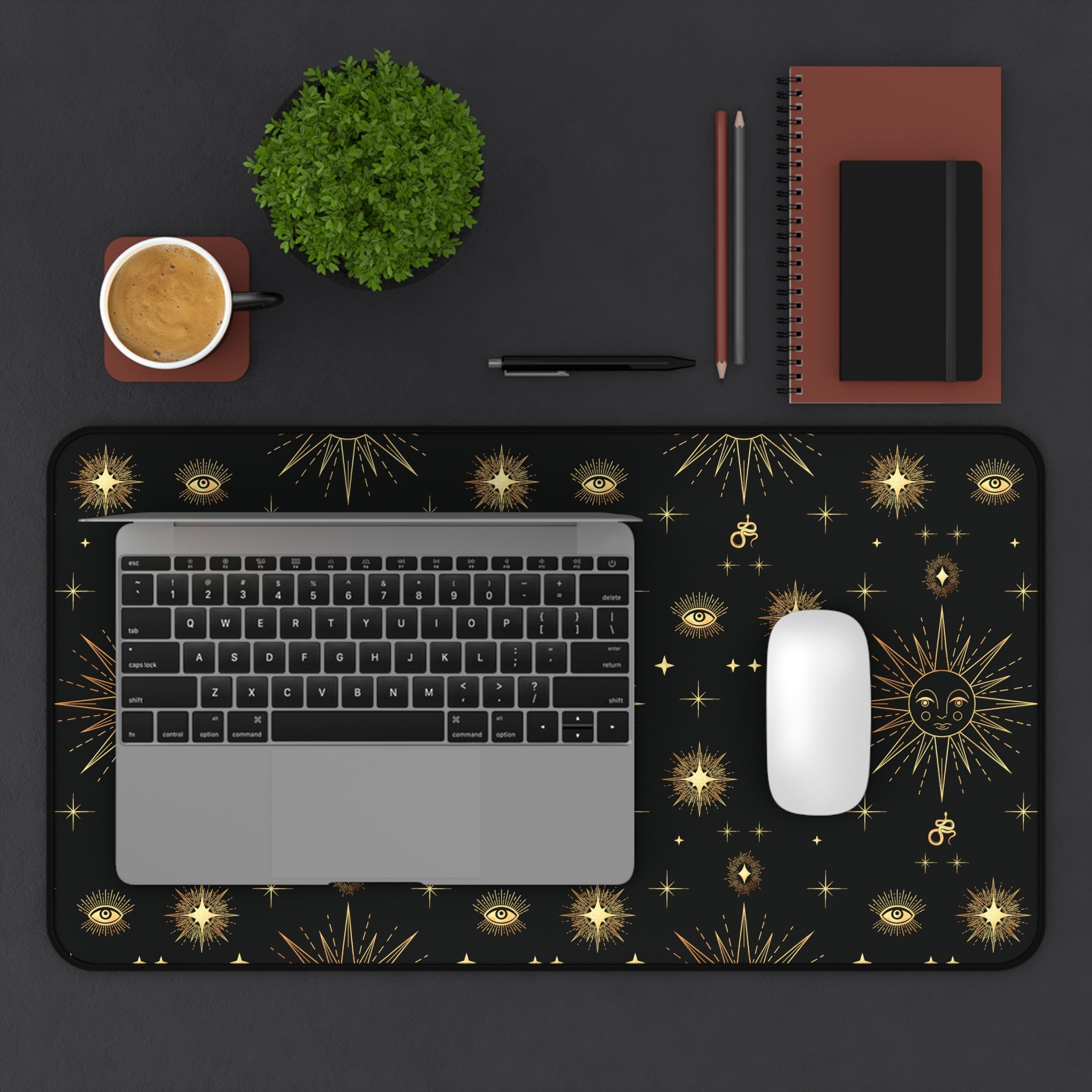 Celestial Gold Sun Stars Tarot Black Desk Mat - 3 size options