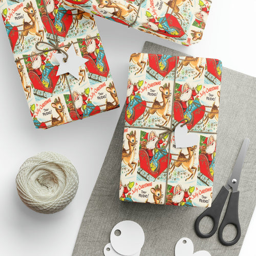 A Jolly Christmas Dear Friend Santa In Sleigh With Reindeer Mid Century Retro Christmas Print Holiday Gift Wrap Paper - Glossy Or Matte