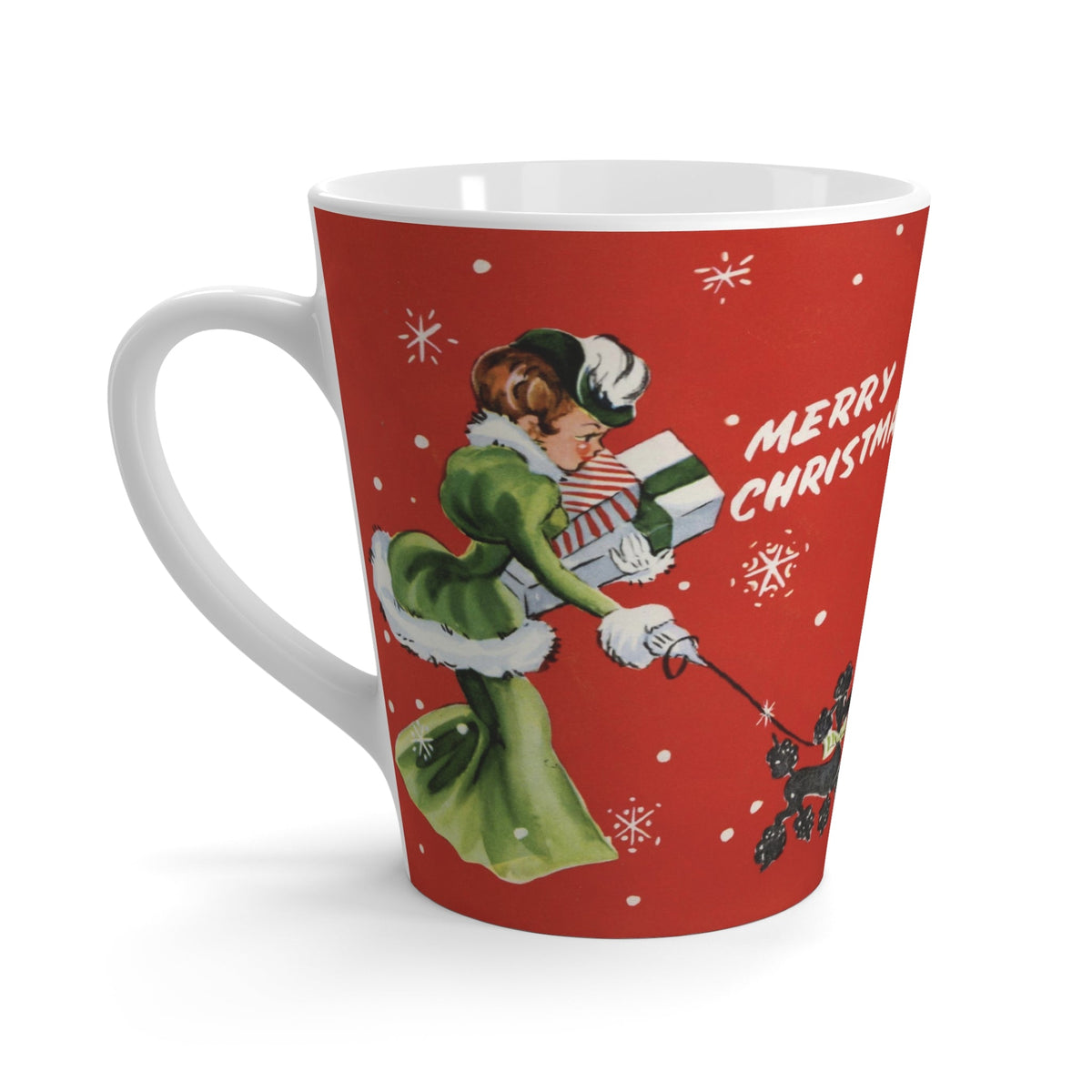Merry Christmas Lady With Poodle Retro Christmas Print Latte Coffee Mug