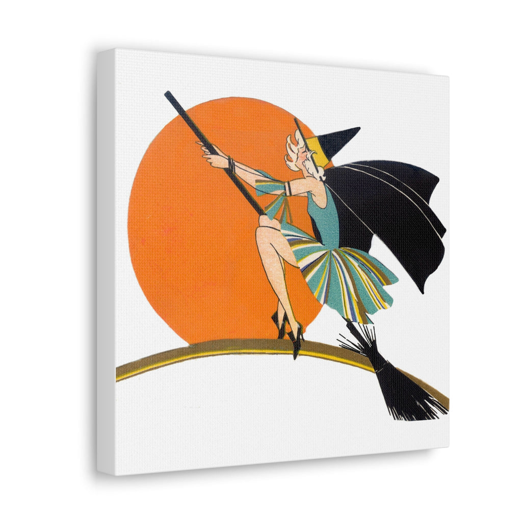 Flapper Witch On Broom Orange Moon Retro Halloween Decor Print Canvas Gallery Wrap