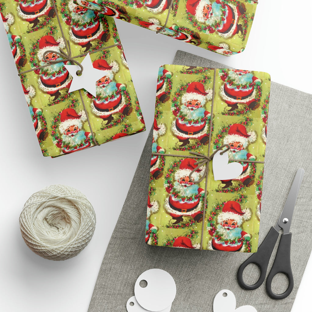 Cute Dancing Santa With Garland Mod Mid Century Retro Christmas Print Holiday Gift Wrap Paper - Glossy Or Matte