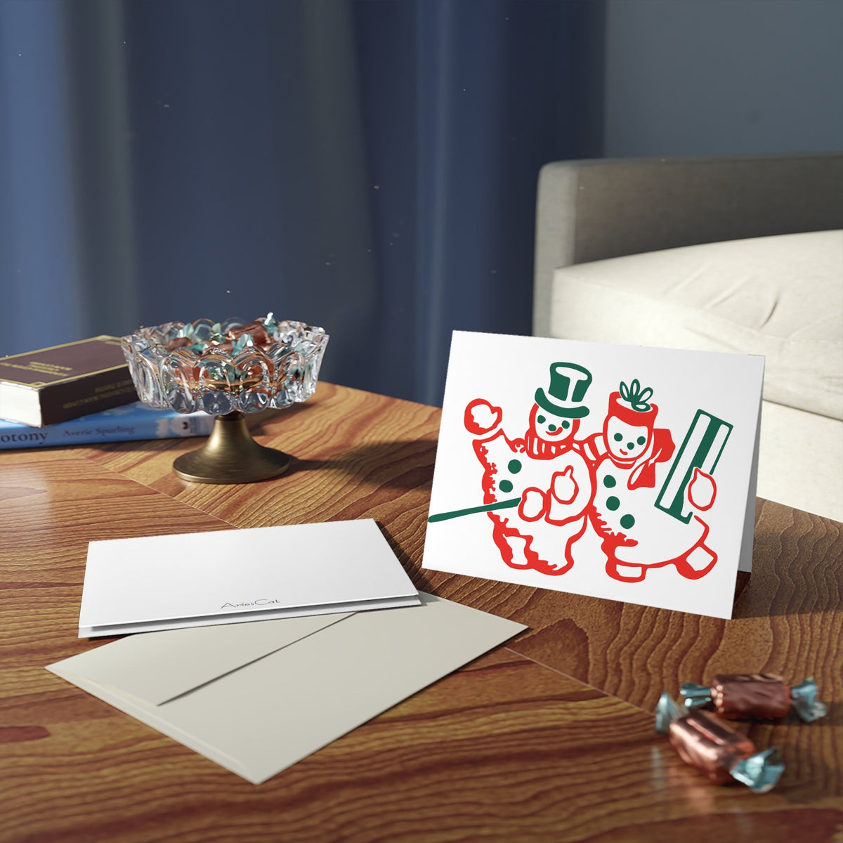Snowman And Snowwoman Mid Century Retro Christmas Print Matte Greeting Cards (8, 16, and 24 pcs)
