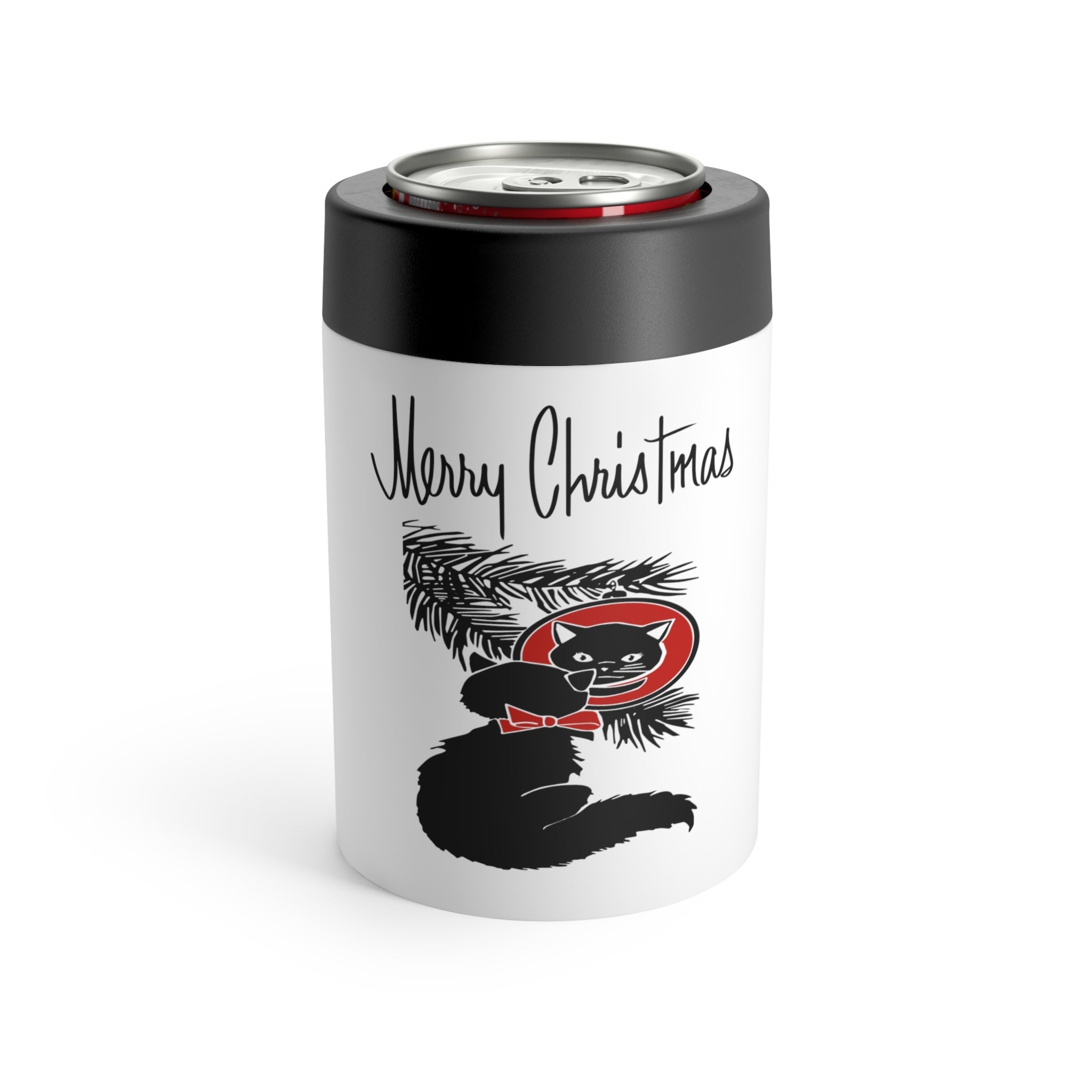 Merry Christmas Black Cat Ornament Mid Century Retro Christmas Print Stainless Steel Can Holder