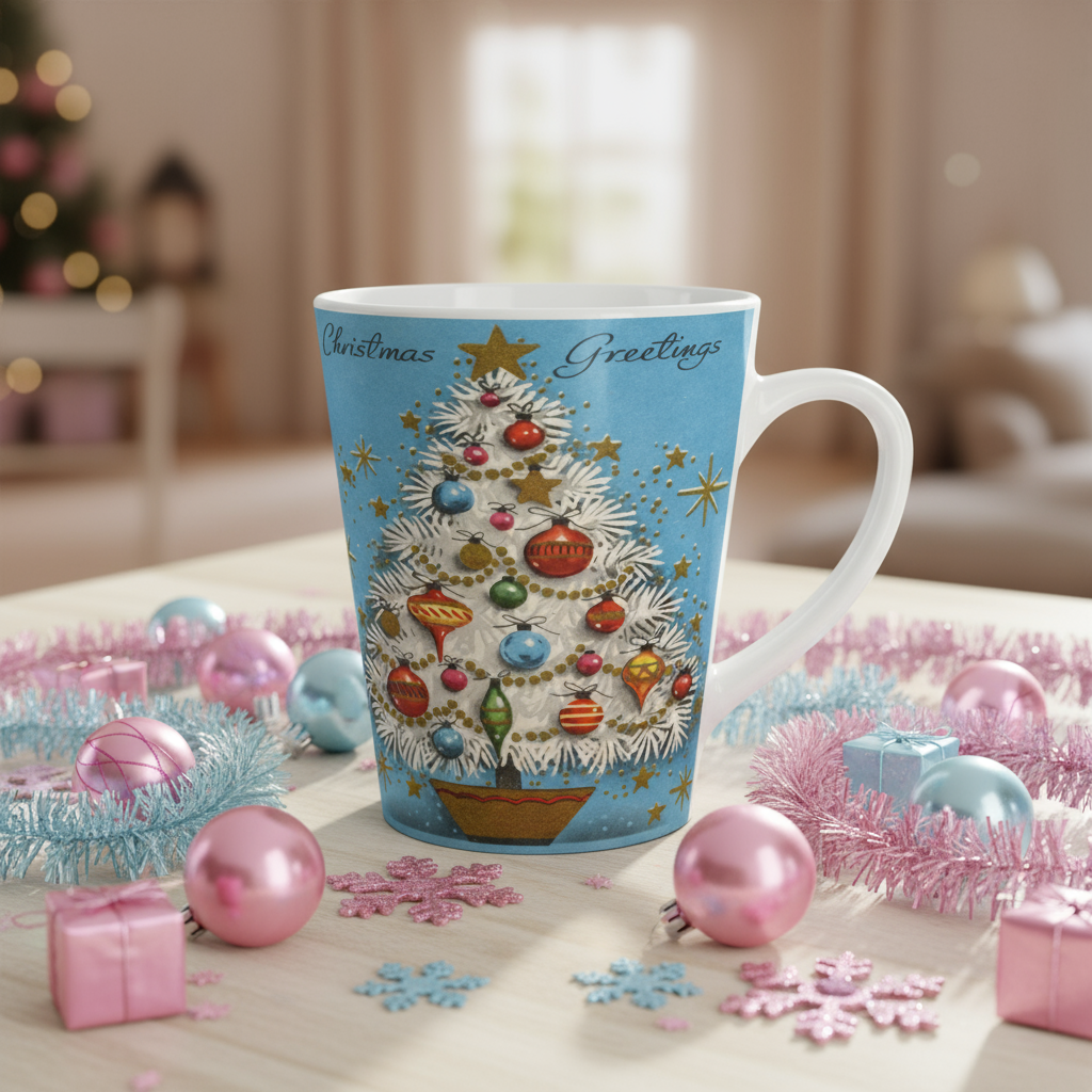 Christmas Greetings Blue Christmas Tree Retro Christmas Print Latte Coffee Mug