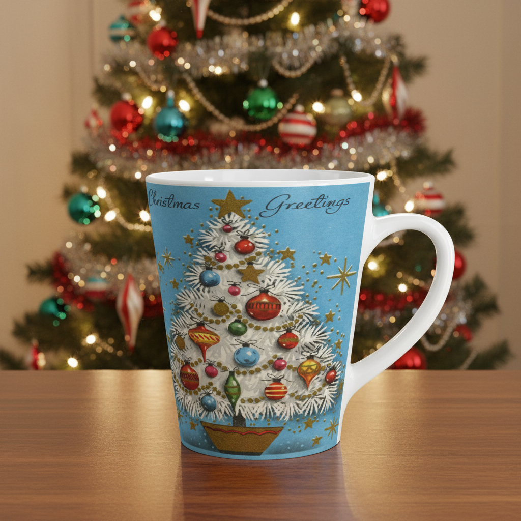 Christmas Greetings Blue Christmas Tree Retro Christmas Print Latte Coffee Mug