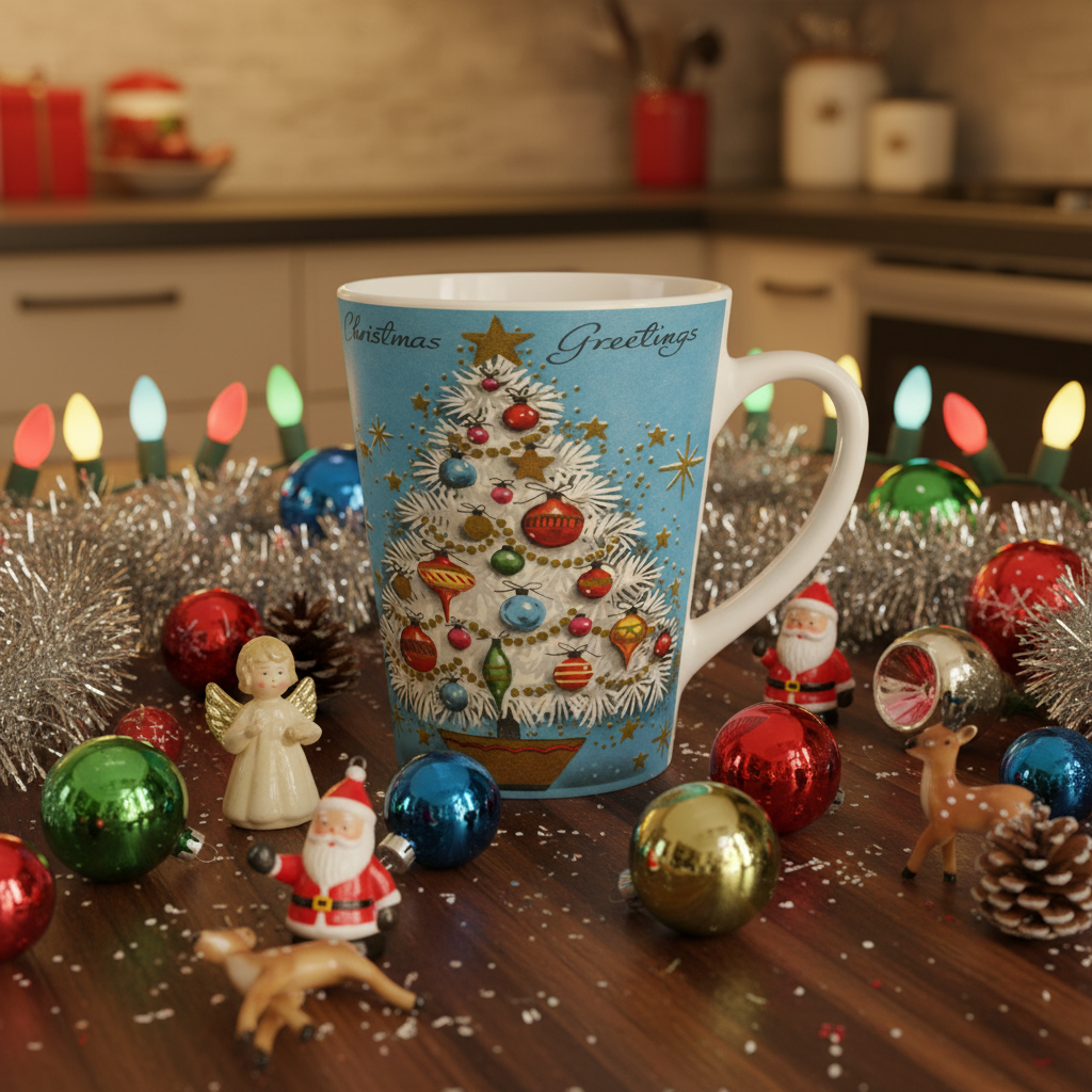 Christmas Greetings Blue Christmas Tree Retro Christmas Print Latte Coffee Mug