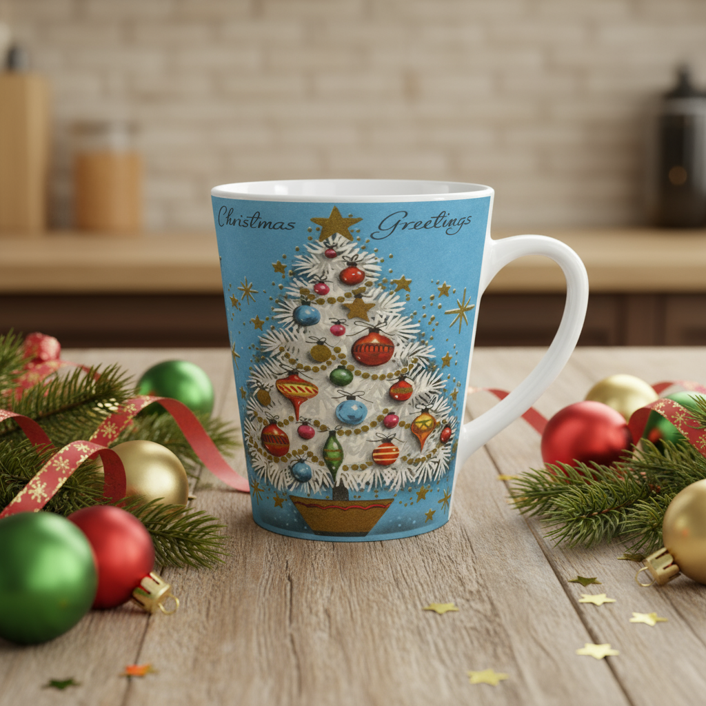 Christmas Greetings Blue Christmas Tree Retro Christmas Print Latte Coffee Mug