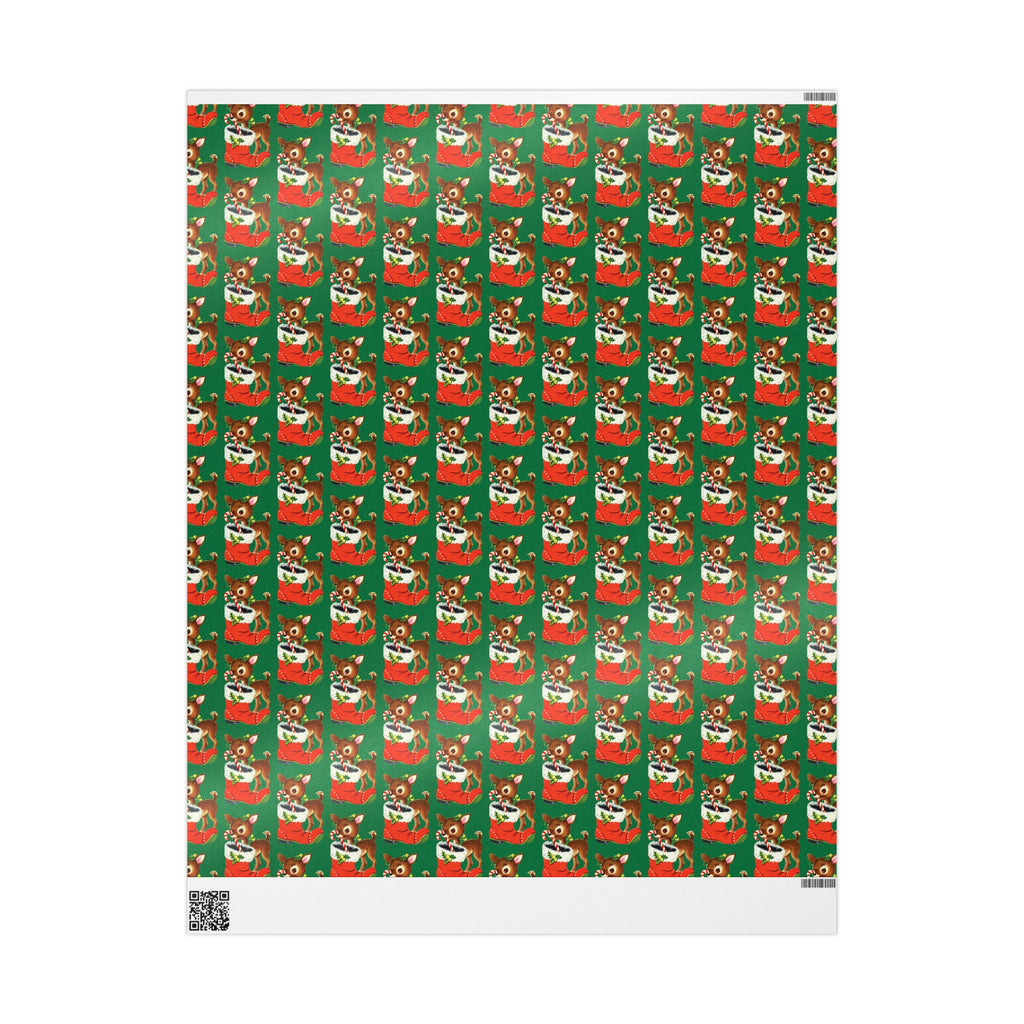 Reindeer With Stocking Mid Century Retro Christmas Print Holiday Gift Wrap Paper - Glossy Or Matte