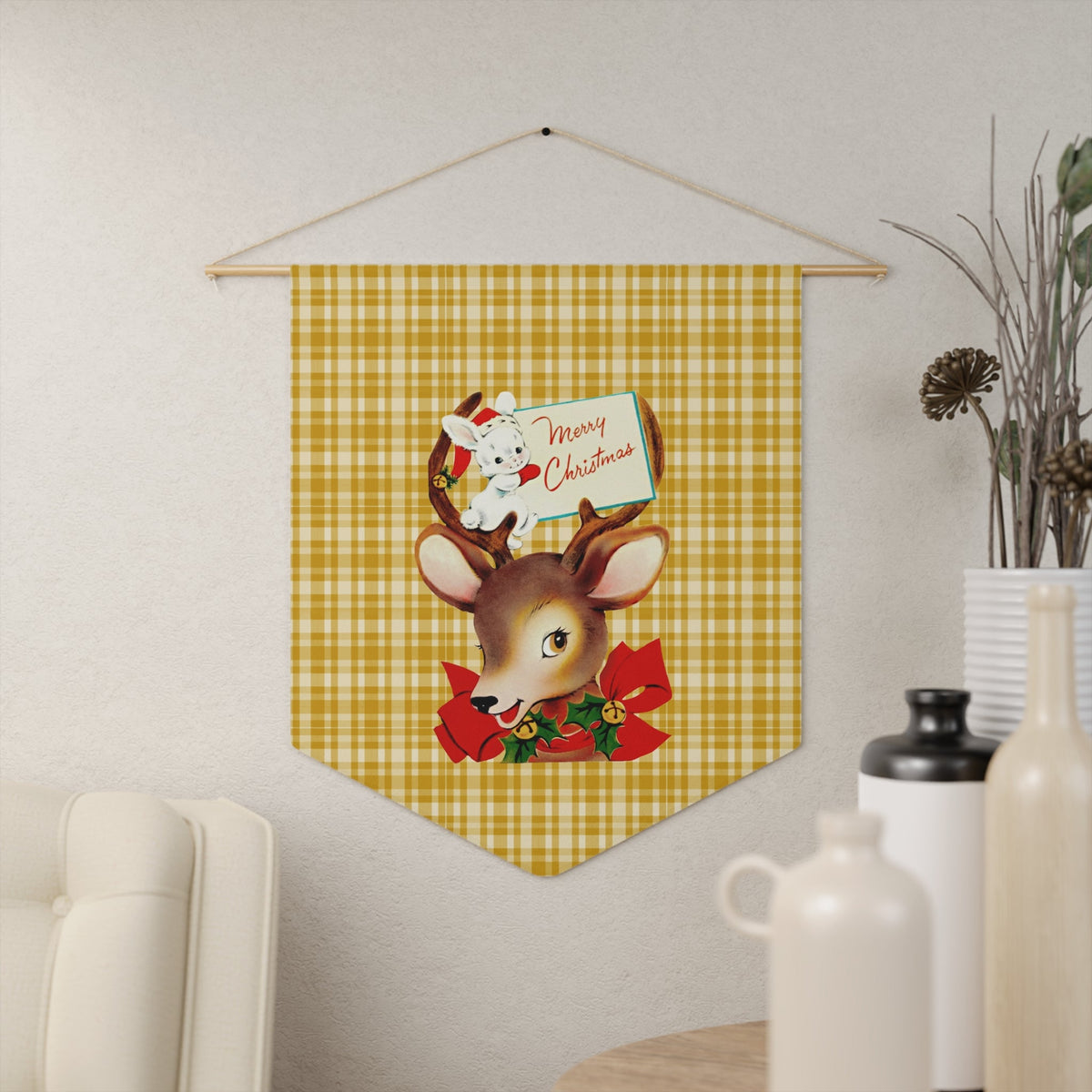 Merry Christmas Reindeer Bunny Retro Christmas Print Wall Hanging Banner Flag
