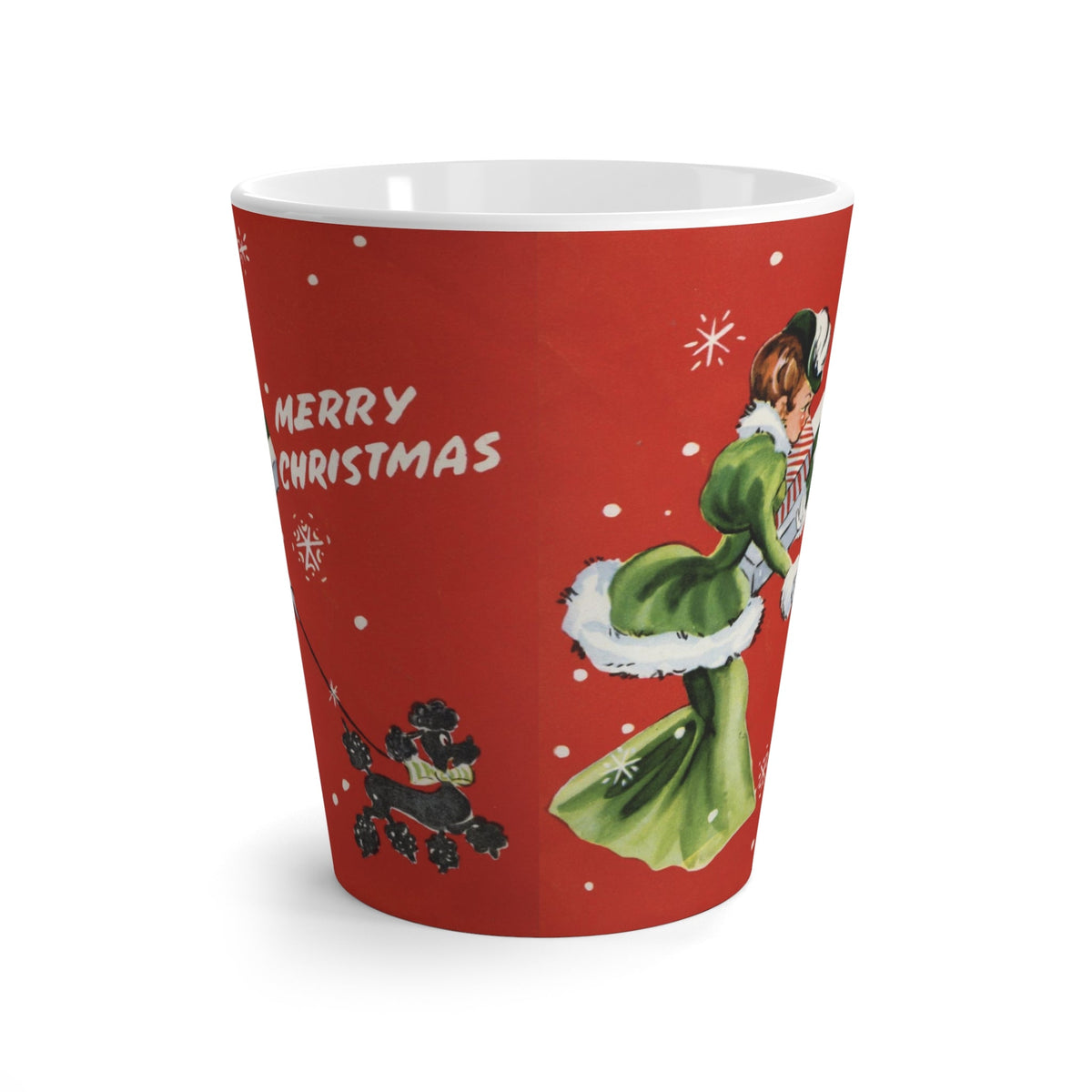 Merry Christmas Lady With Poodle Retro Christmas Print Latte Coffee Mug