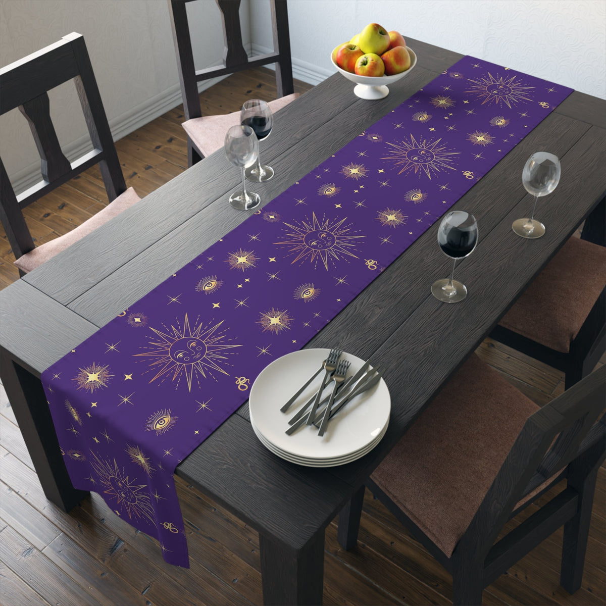 Celestial Gold Sun Stars Tarot Purple Cotton Poly Table Runner