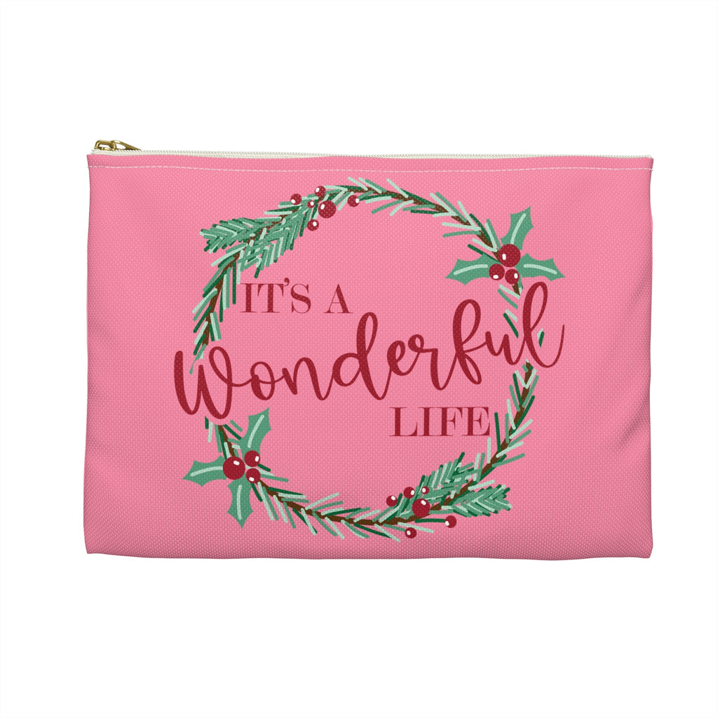 It's A Wonderful Life Wreath Pink Retro Style Christmas Print Polyester Accessory Pouch Travel Bag