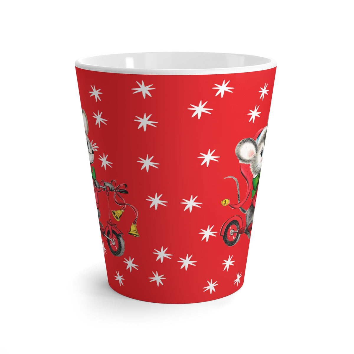 Christmas Mouse On Scooter Stars Red Mid Century Retro Christmas Print Latte Coffee Mug