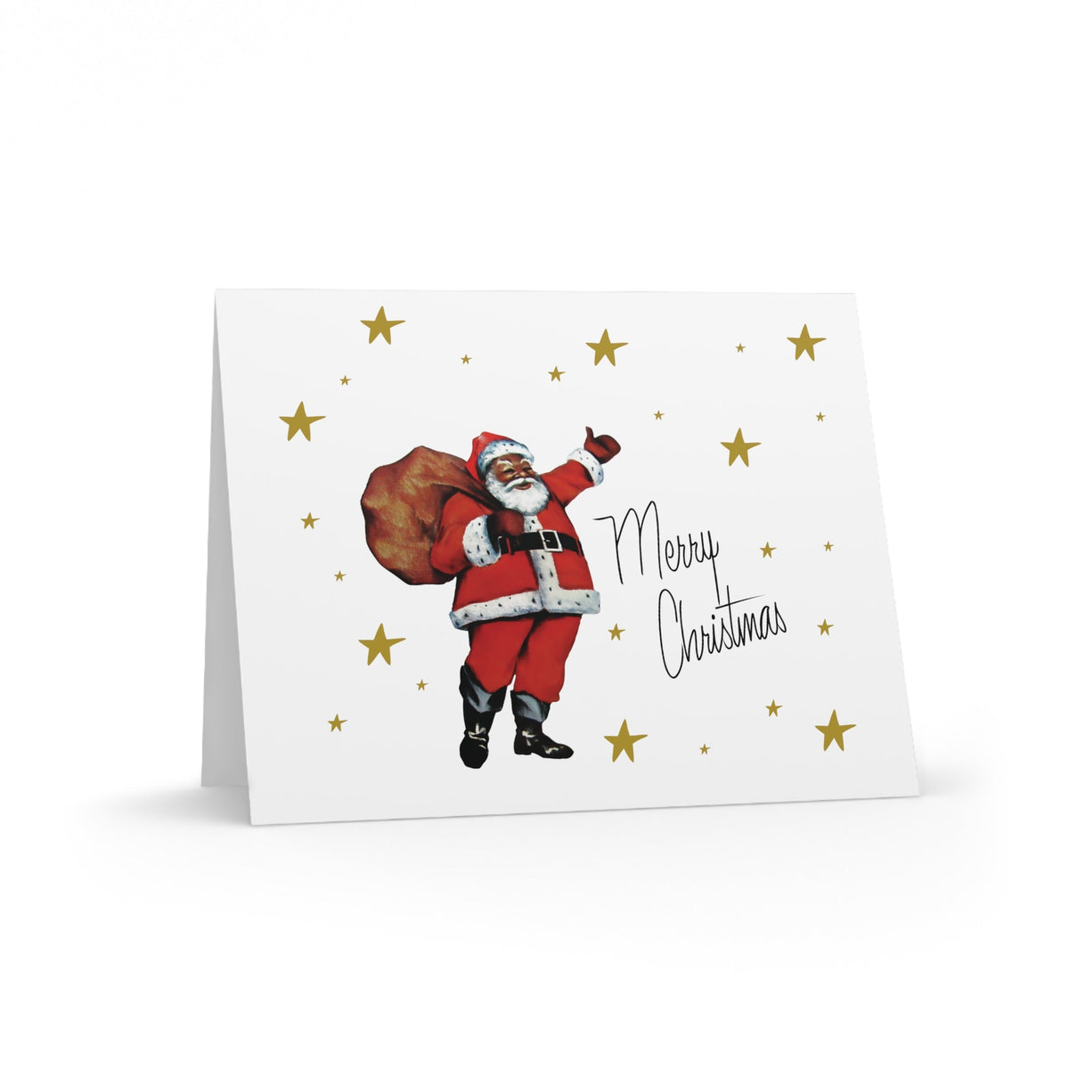 Merry Christmas Santa Gold Stars Mid Century Retro Christmas Style Matte Greeting Cards (8, 16, and 24 pcs)