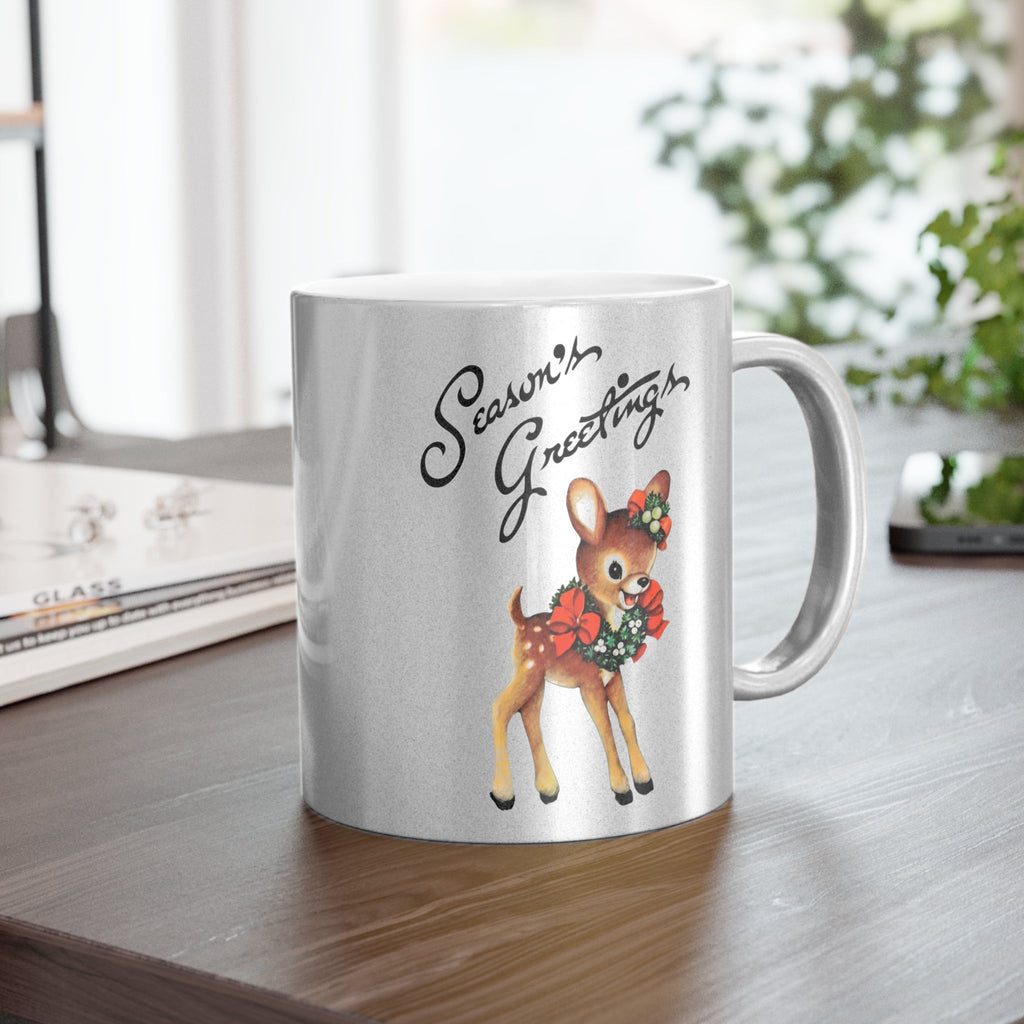 Season's Greetings Cute Reindeer Mid Century Retro Christmas Silver Metallic Mug