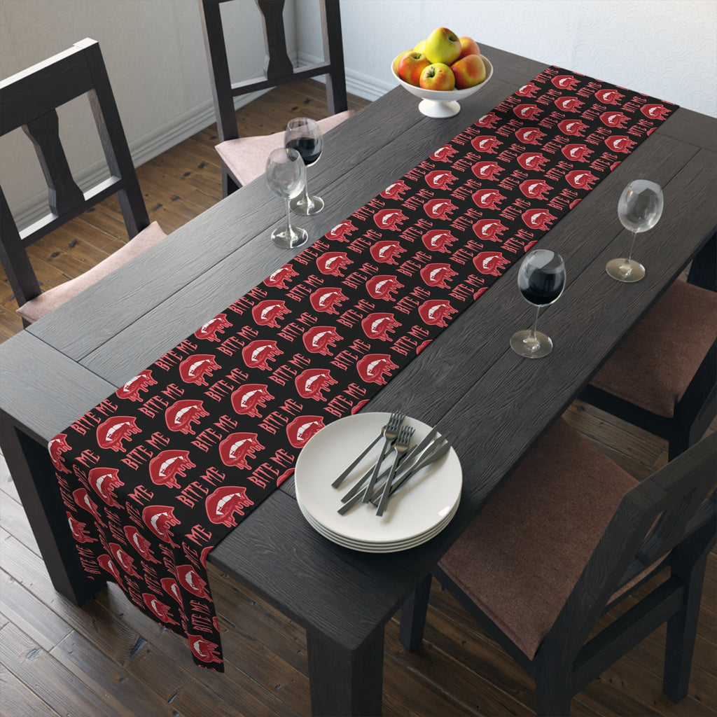 Bite Me Vampire Fangs Bloody Halloween Black Decor Cotton Poly Table Runner