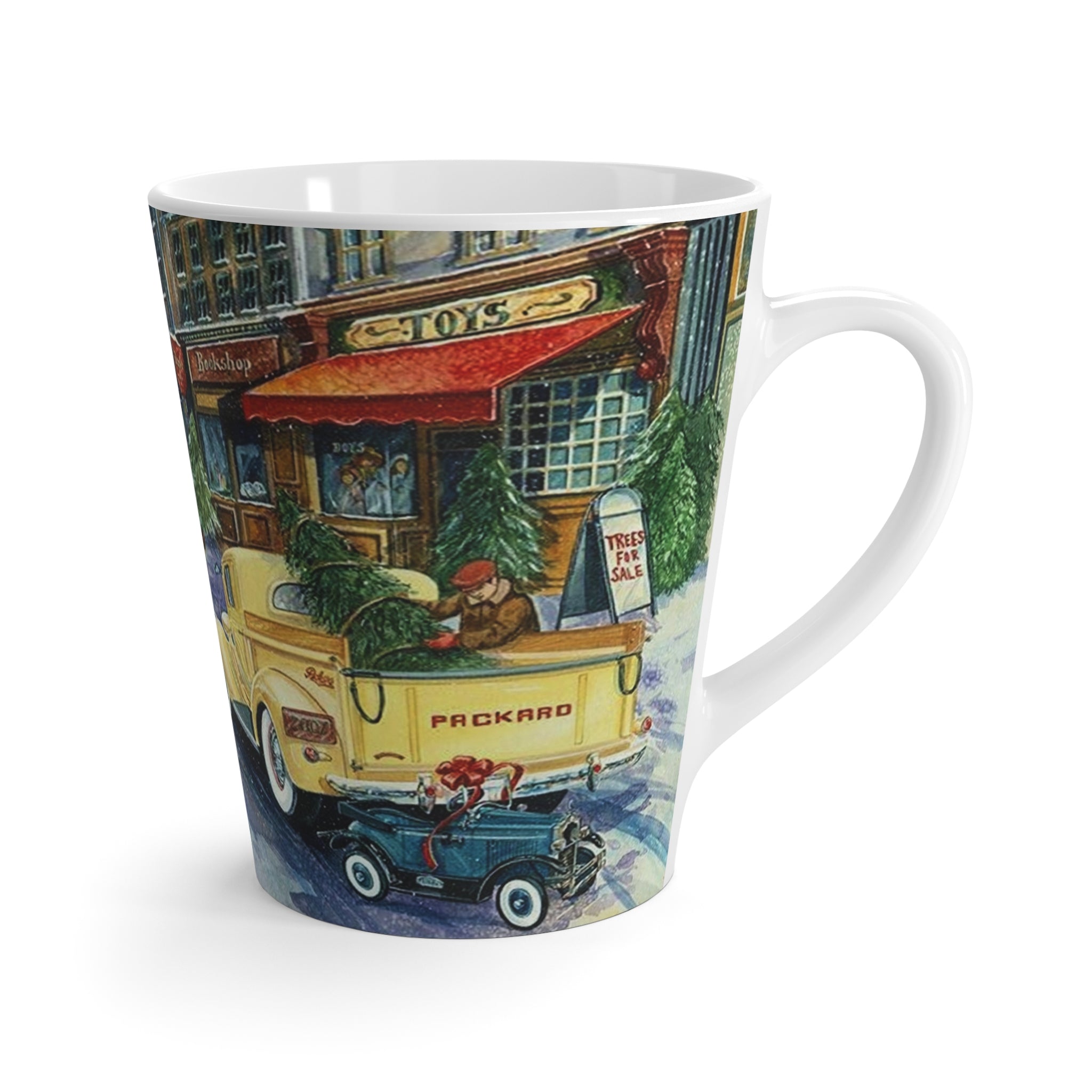 Yellow Christmas Truck In Front Of Town Toystore Retro Christmas Print Latte Coffee Mug