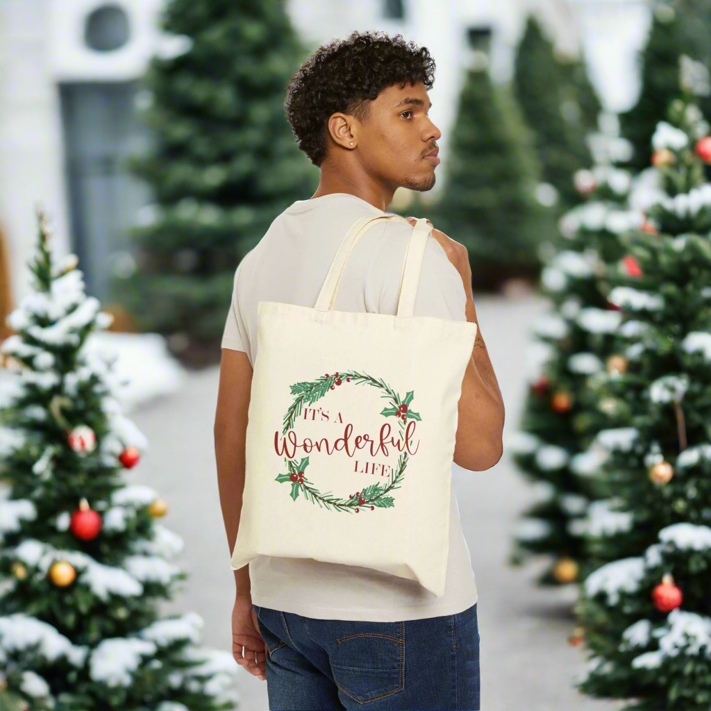 It's A Wonderful Life Christmas Wreath Cotton Canvas Tote Bag Unique Cozy Cute Winter Holiday Gift For Her Him Friend
