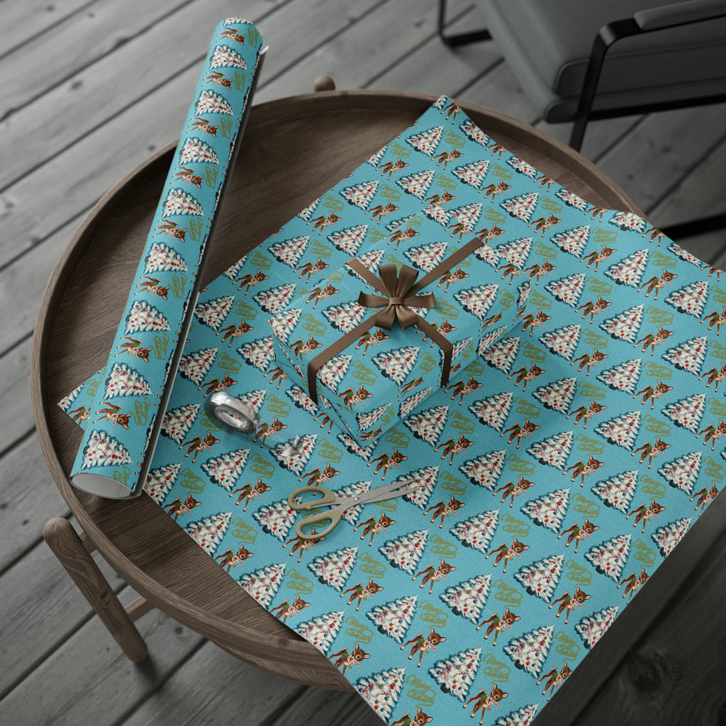 Merry Christmas Reindeer With Candy Cane Tree Blue Mid Century Retro Christmas Print Holiday Gift Wrap Paper - Glossy Or Matte