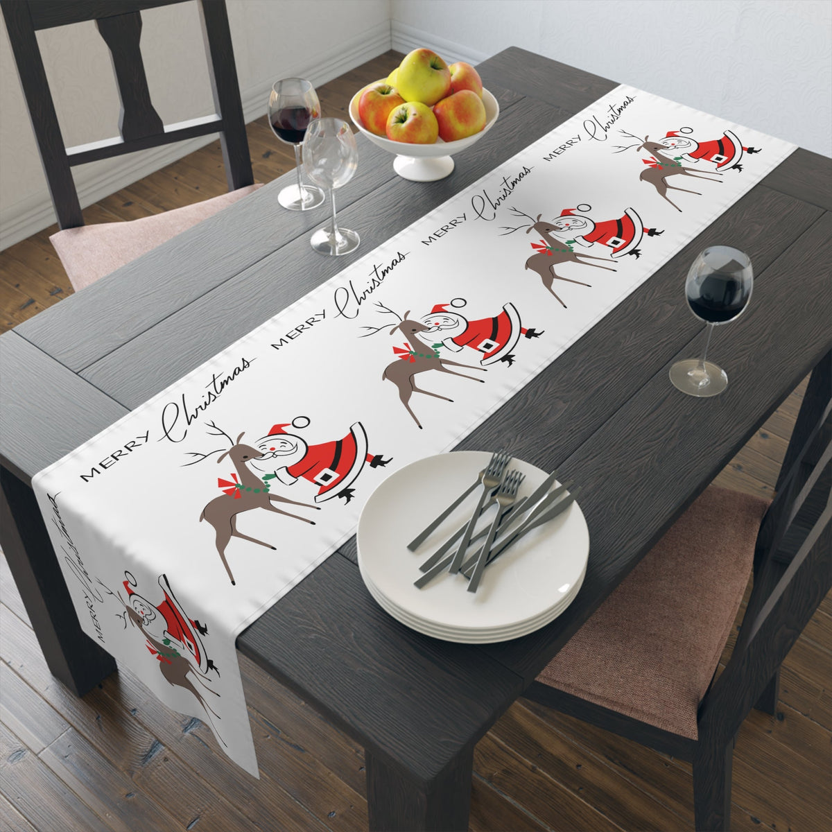 Merry Christmas Santa With Reindeer Mid Century Retro Style Christmas Decor Red Cotton Poly Table Runner