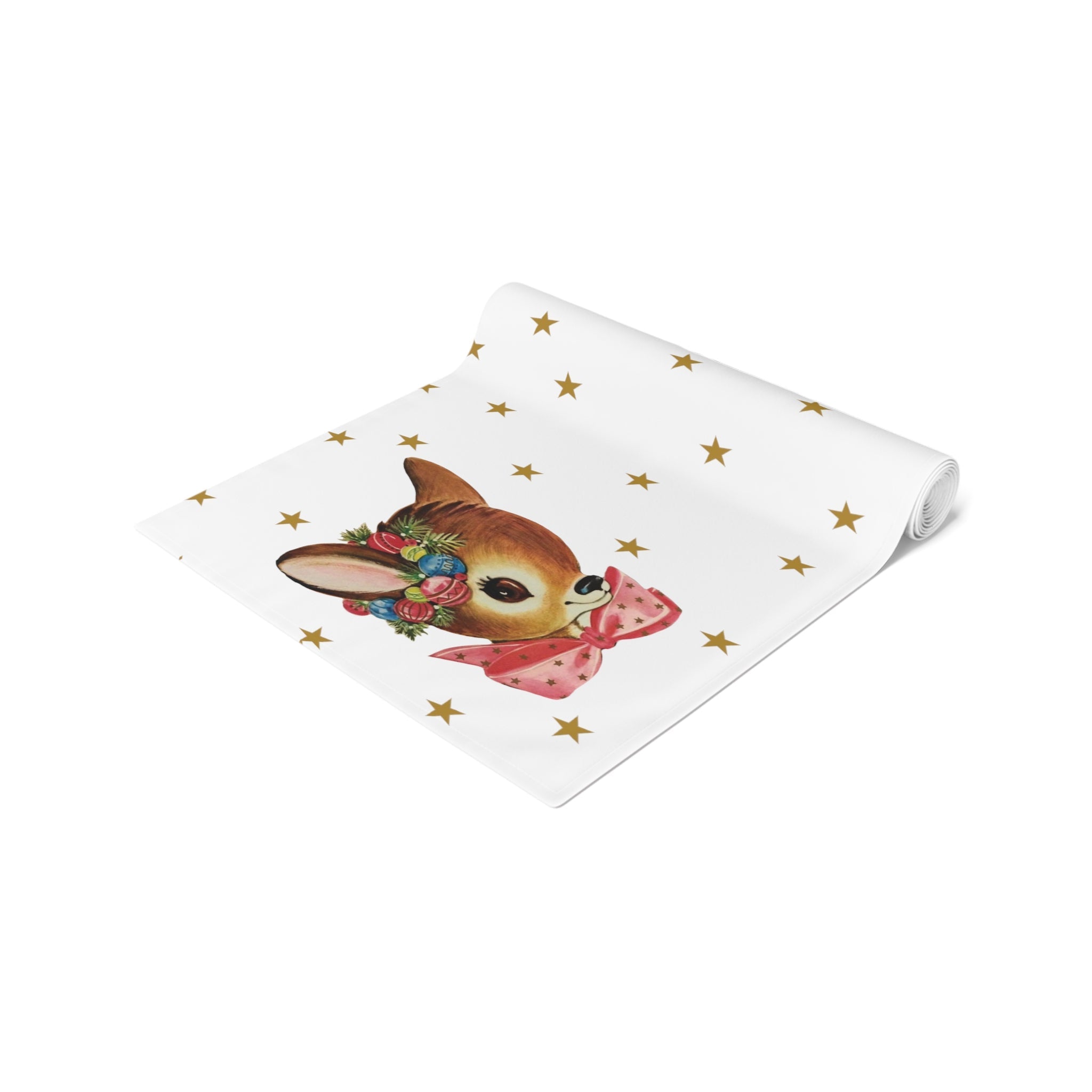 Reindeer Gold Stars Mid Century Retro Christmas Print Home Decor Cotton Poly Table Runner