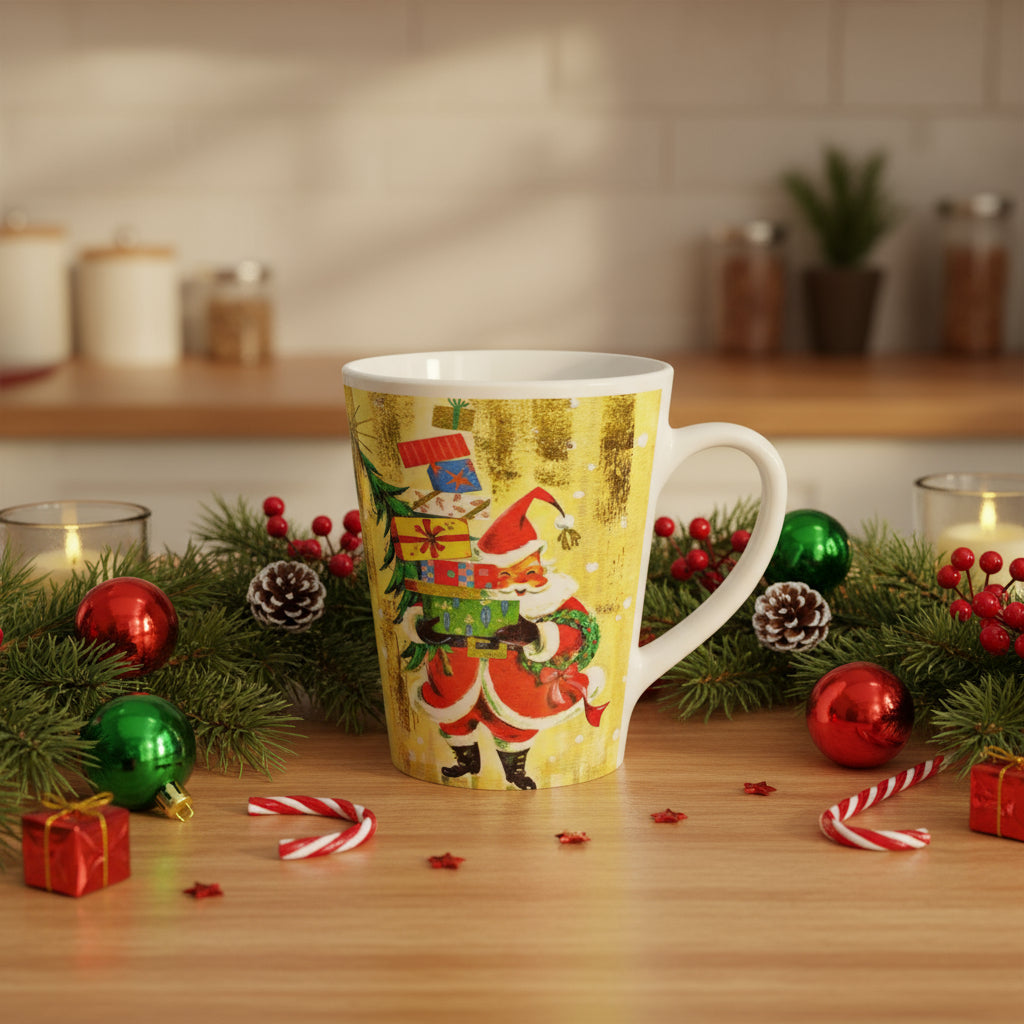 Santa With Presents Yellow Mid Century Retro Christmas Print Latte Coffee Mug