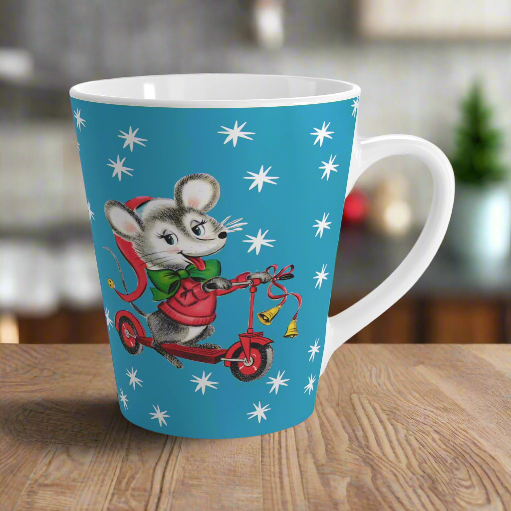 Christmas Mouse On Scooter Stars Blue Mid Century Retro Christmas Print Latte Coffee Mug