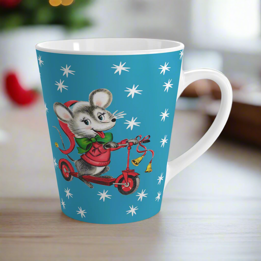 Christmas Mouse On Scooter Stars Blue Mid Century Retro Christmas Print Latte Coffee Mug