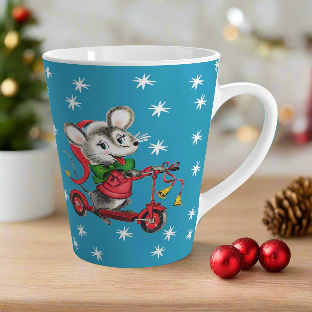 Christmas Mouse On Scooter Stars Blue Mid Century Retro Christmas Print Latte Coffee Mug