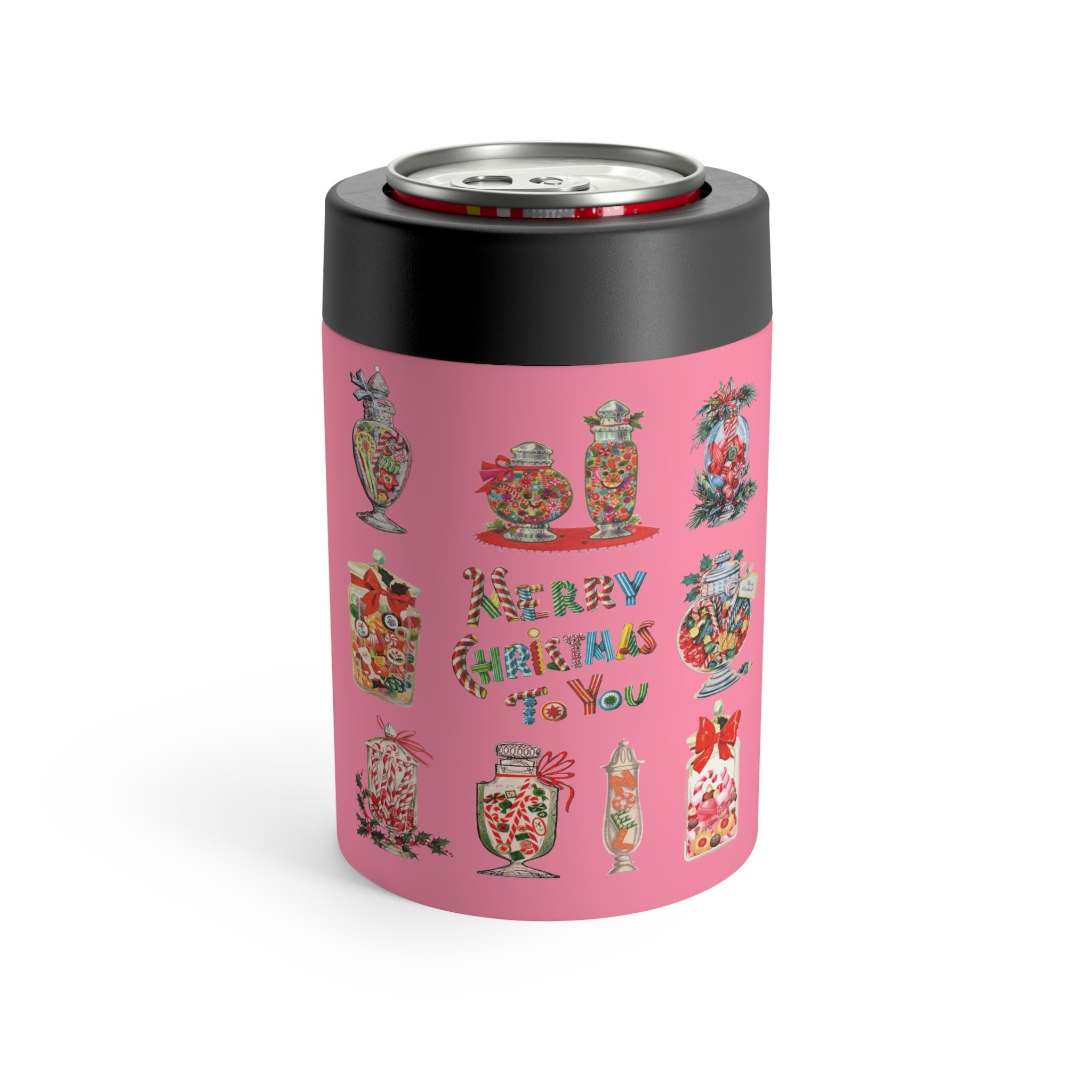 Merry Christmas To You Candy Pink Mid Century Retro Christmas Print Stainless Steel Can Holder