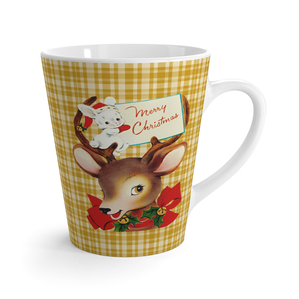 Merry Christmas Reindeer And Bunny Yellow Plaid Mid Century Retro Christmas Latte Mug