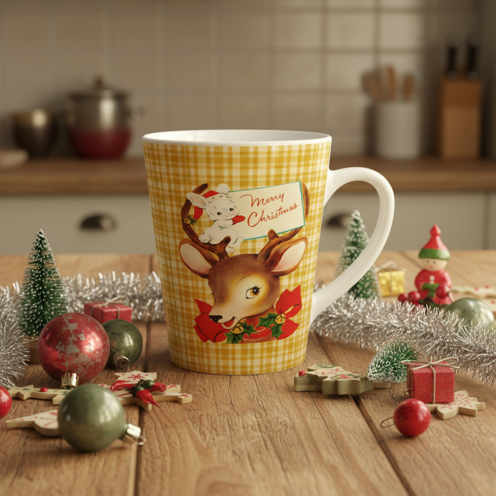 Merry Christmas Reindeer And Bunny Yellow Plaid Mid Century Retro Christmas Latte Mug