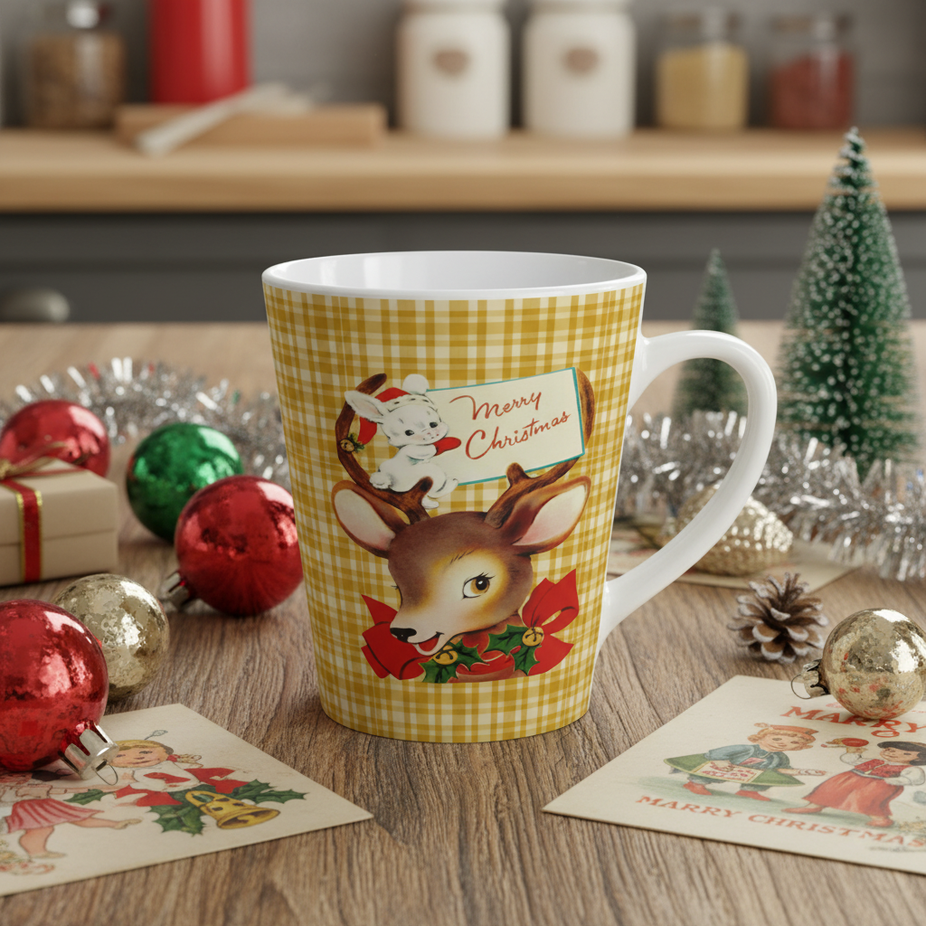Merry Christmas Reindeer And Bunny Yellow Plaid Mid Century Retro Christmas Latte Mug