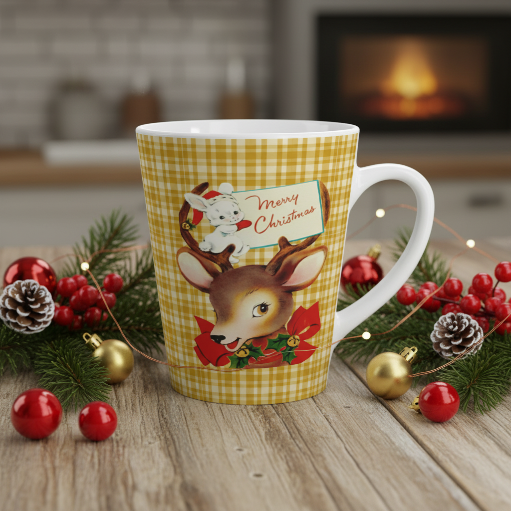 Merry Christmas Reindeer And Bunny Yellow Plaid Mid Century Retro Christmas Latte Mug