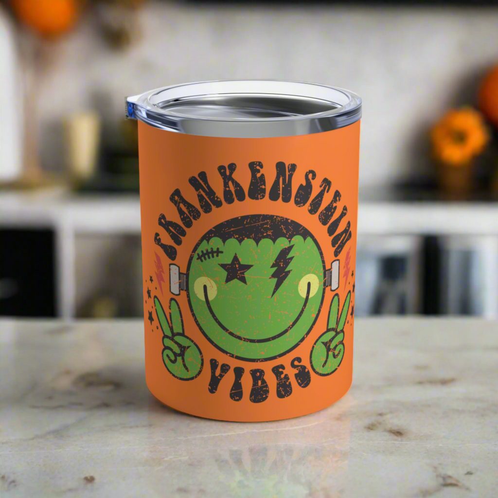 Frankenstein Vibes Distressed Orange Halloween 10oz Stainless Steel Travel Tumbler