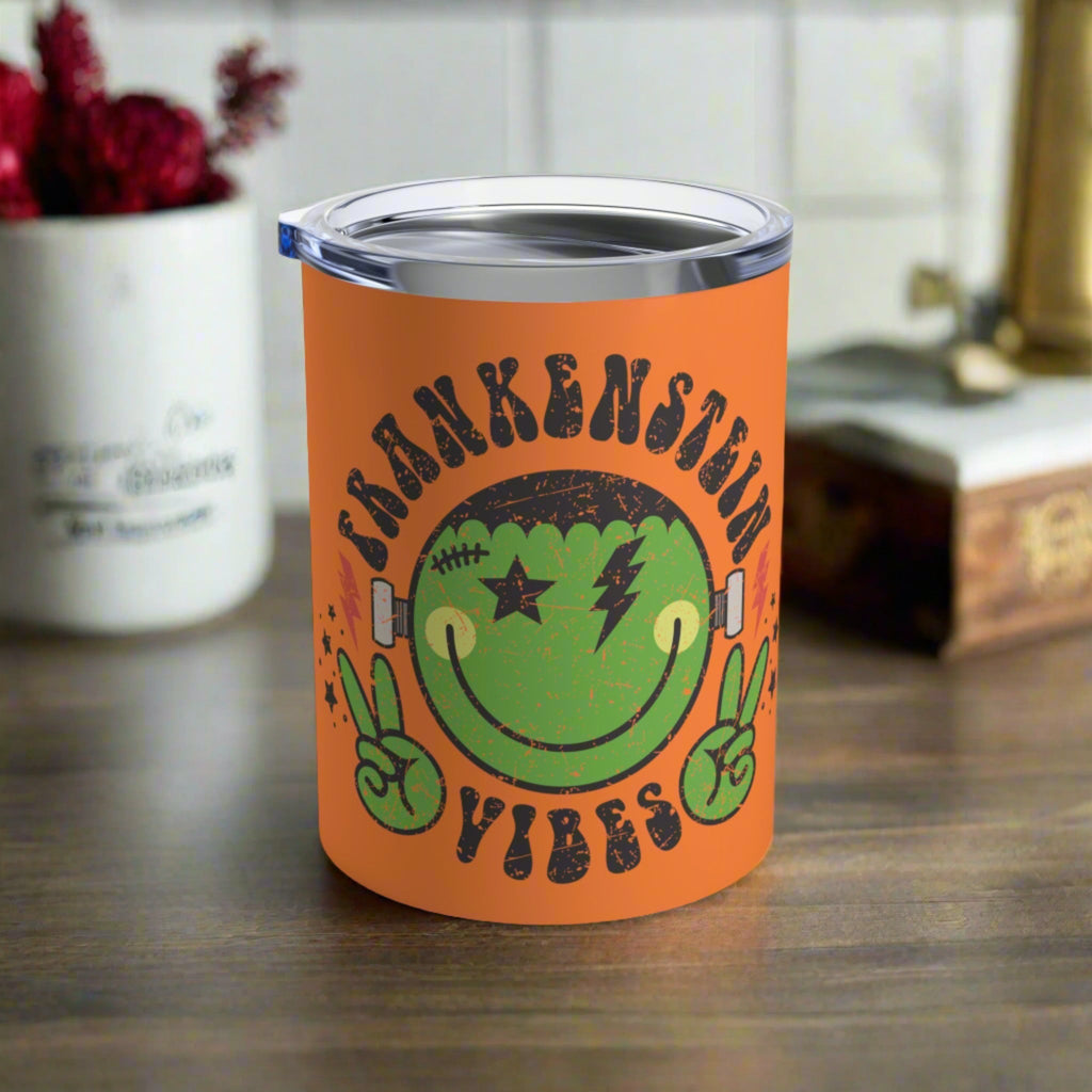 Frankenstein Vibes Distressed Orange Halloween 10oz Stainless Steel Travel Tumbler