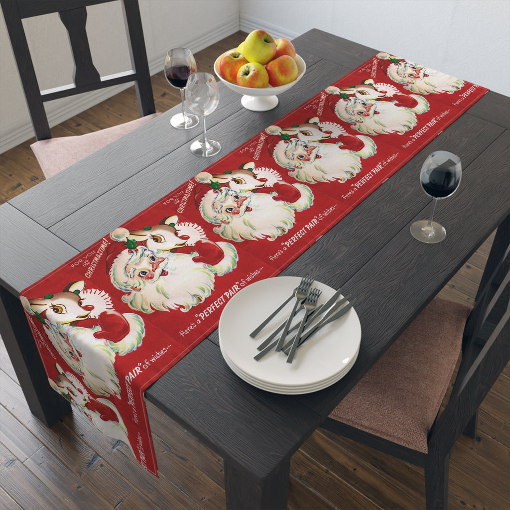 For You At Christmastime Santa And Rudolph Red Retro Christmas Print Home Decor Cotton Poly Table Runner