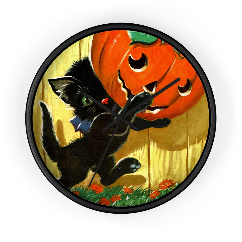 Cute Black Cat Pumpkin Jack O Lantern Retro Halloween Print Wall Clock