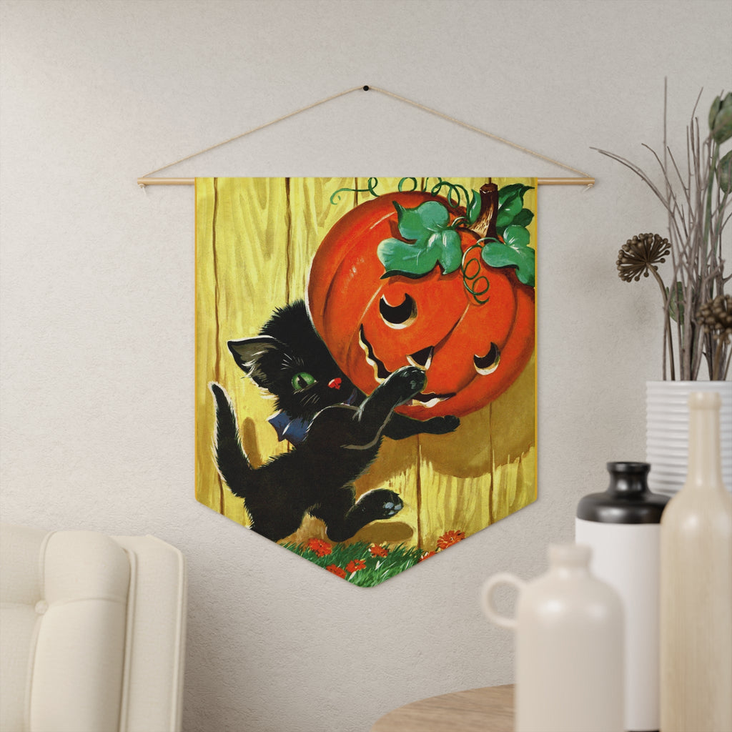 Cute Black Cat Pumpkin Jack O Lantern Retro Halloween Print Wall Hanging Banner Flag