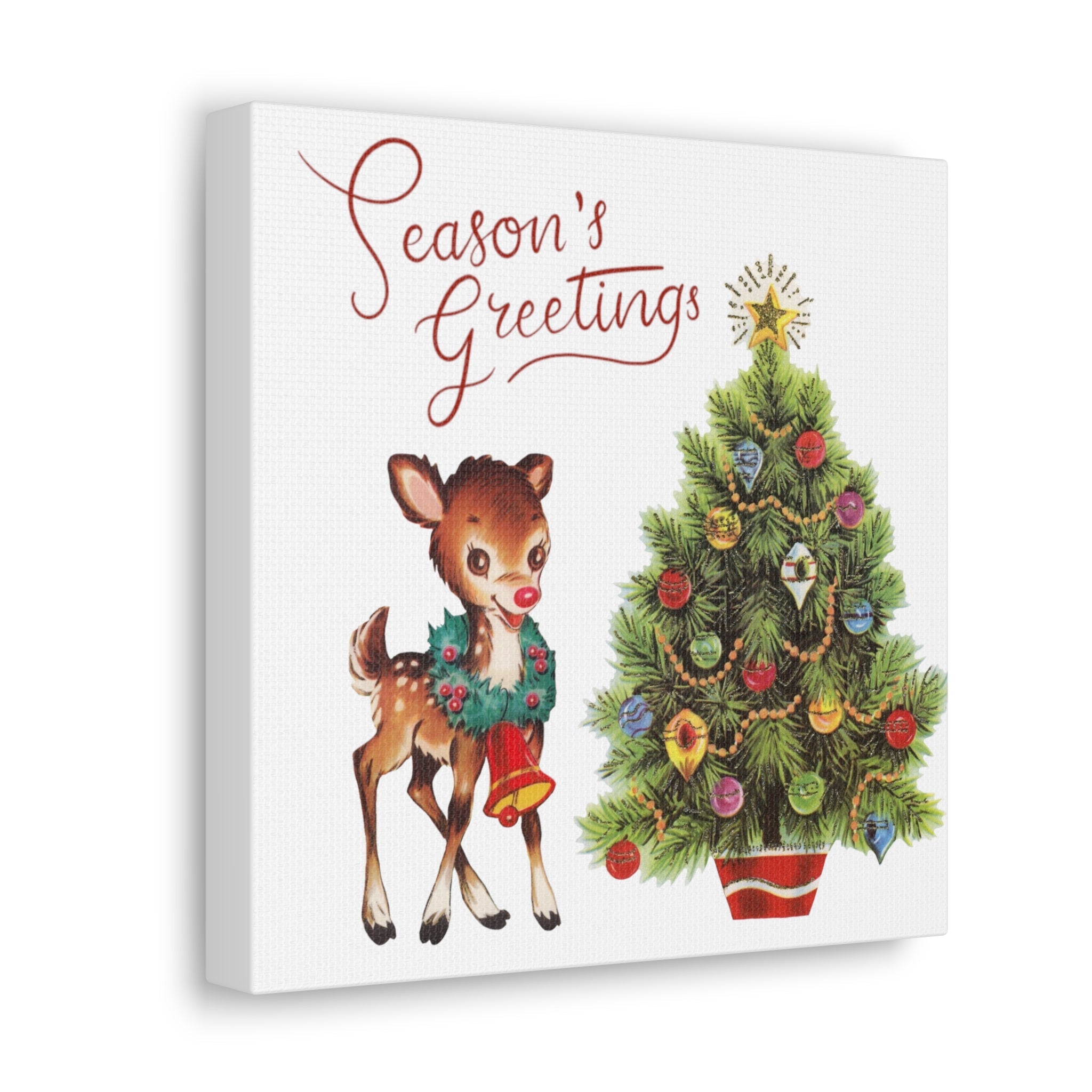Season's Greetings Retro Reindeer And Tree Mid Century Retro Christmas Canvas Gallery Wrap