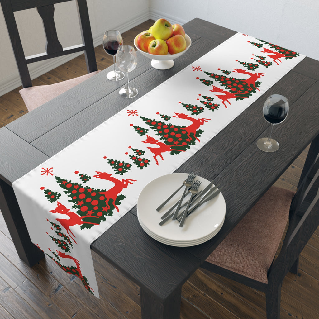 Red Reindeer Christmas Trees Midcentury Retro Polyester Table Runner
