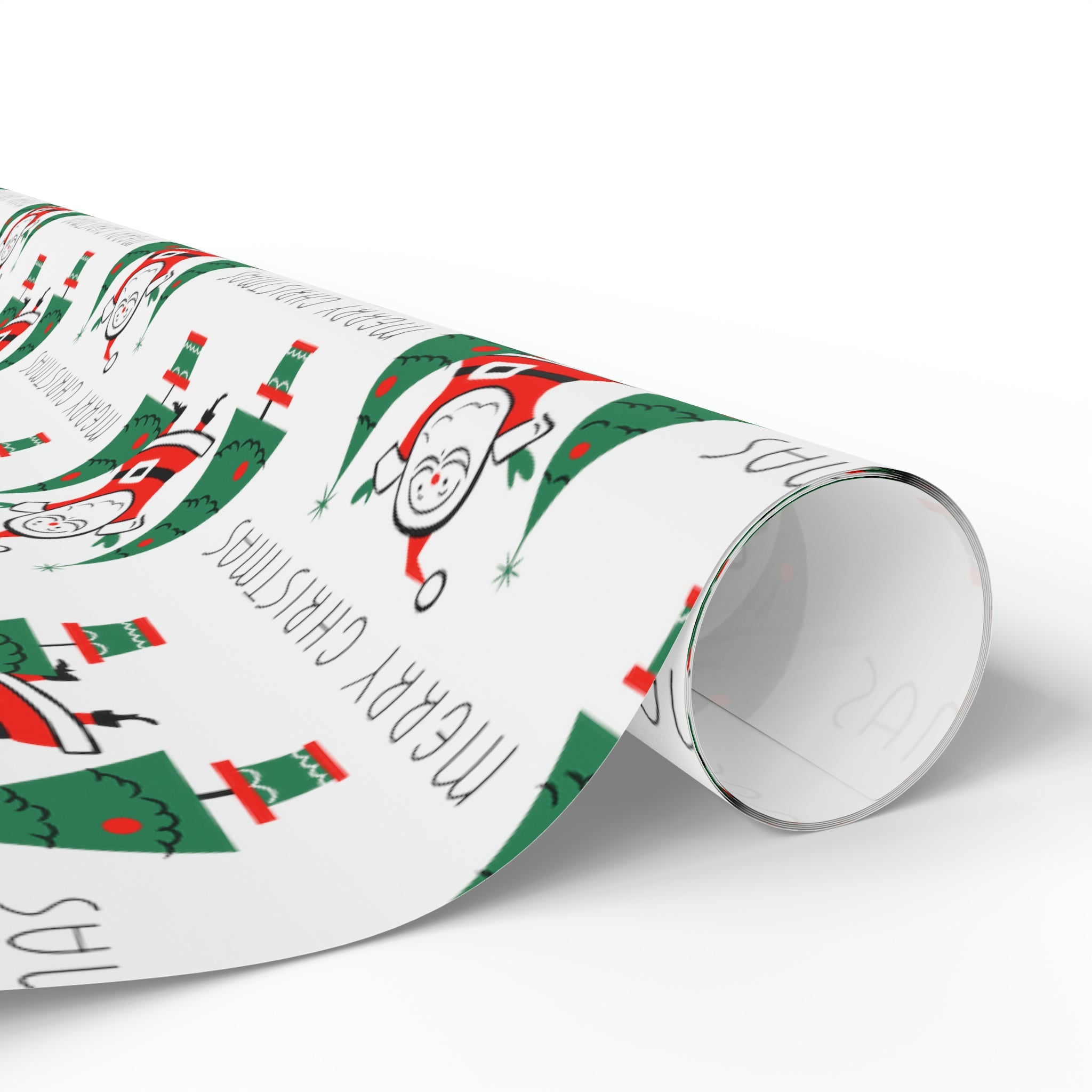 Merry Christmas Santa Christmas Trees Mid Century Retro Christmas Print Holiday Gift Wrap Paper - Glossy Or Matte